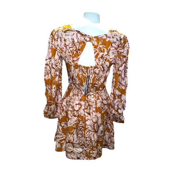 Band of the Free NWT Floral Open Back Mini Dress Sz Medium Long Sleeve Yellow - Picture 3 of 11